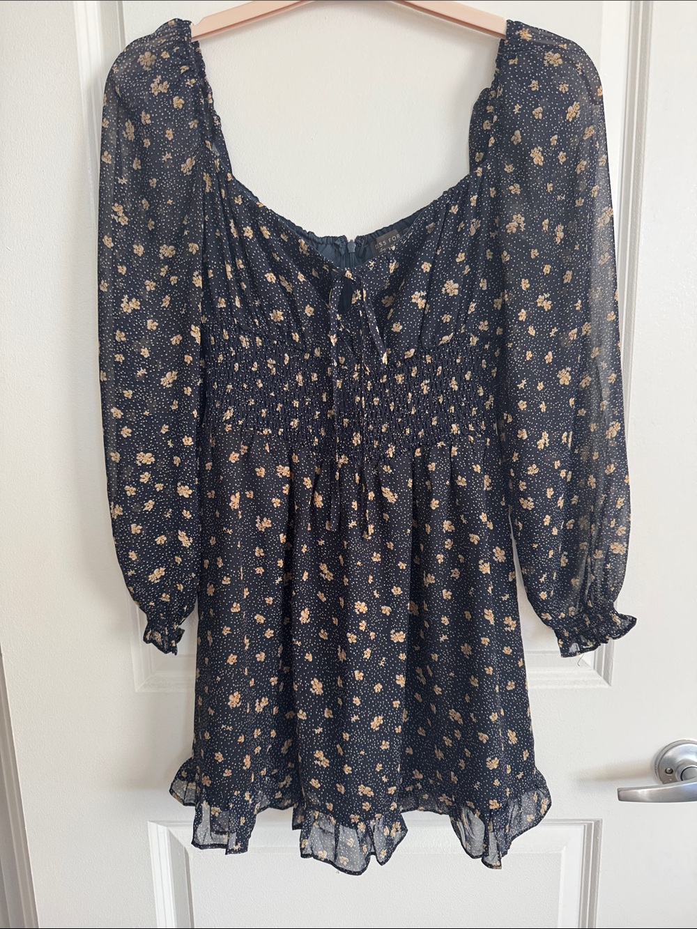 Dress Forum Navy Floral Smocked Waist Puff Sleeve Boho Mini Dress